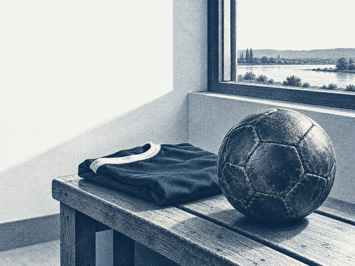 Illustration : un ballon en cuir et un maillot plié sur un banc, près d’une fenêtre ouverte sur le Rhin
